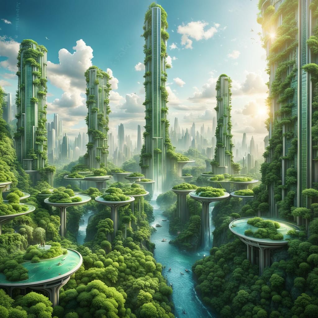 Utopian Futuristic City of Glass and Nature