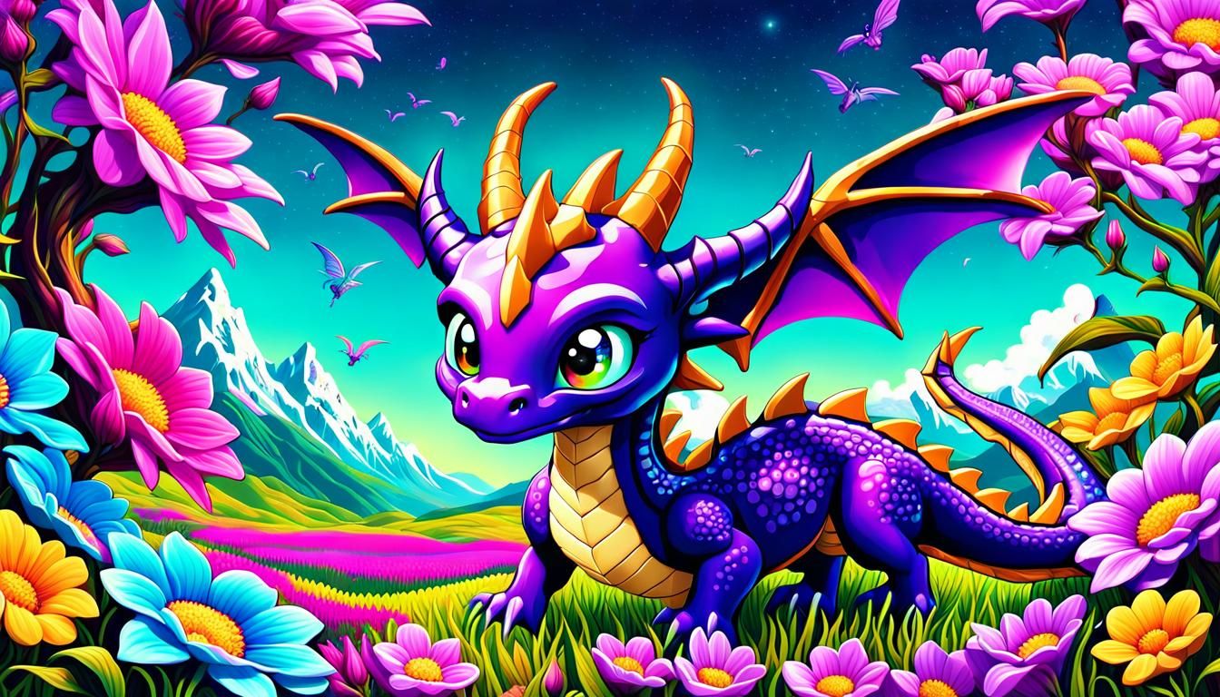 Glitchcore Chibi Dragon in Springtime Field