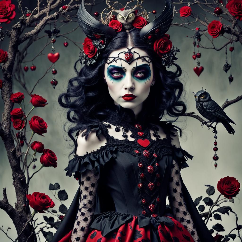 Night Owl Witch in Elaborate Fabric, Burtonesque Portrait