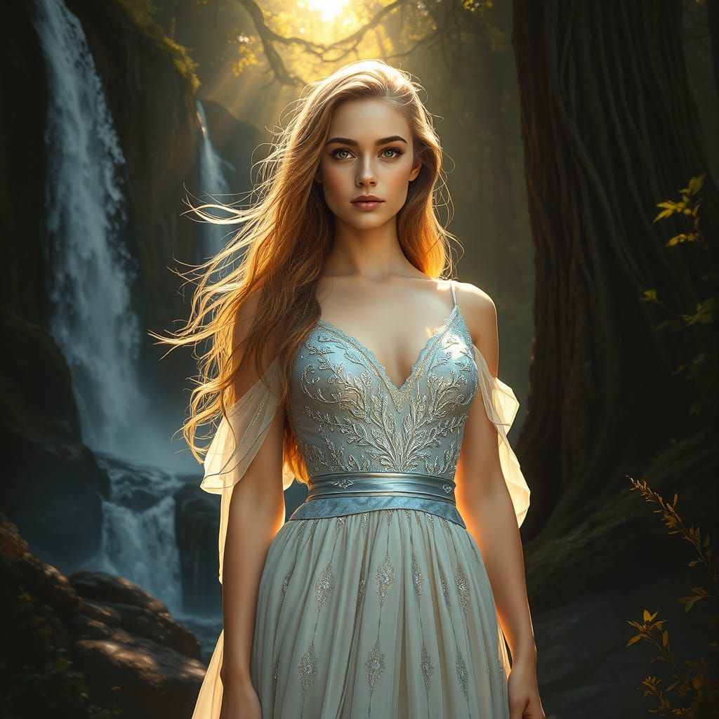 Ethereal Goddess in Shimmering Silver Amidst Whimsical Natur...