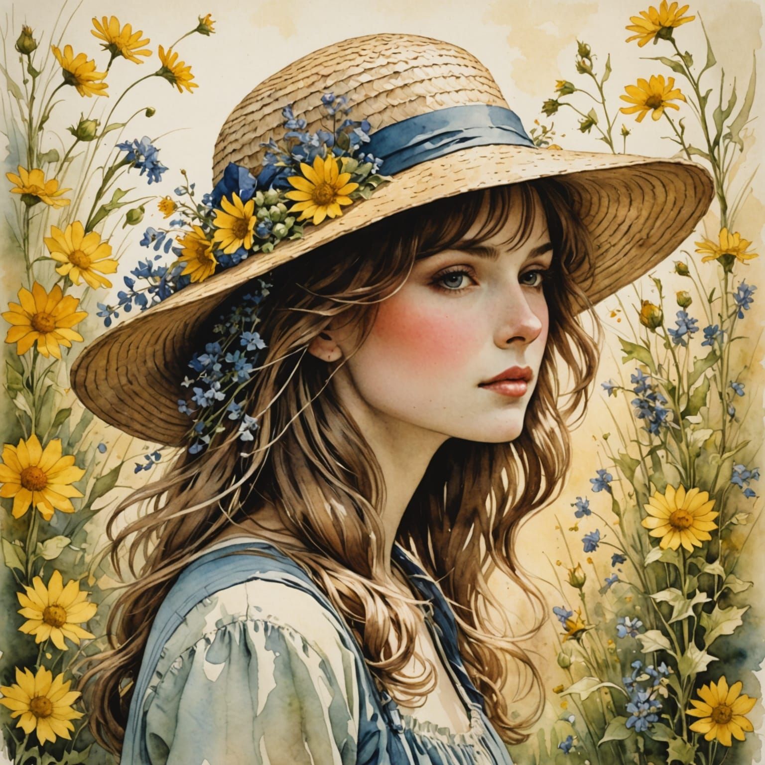 Wildflowers on Straw Hat in Watercolor Style