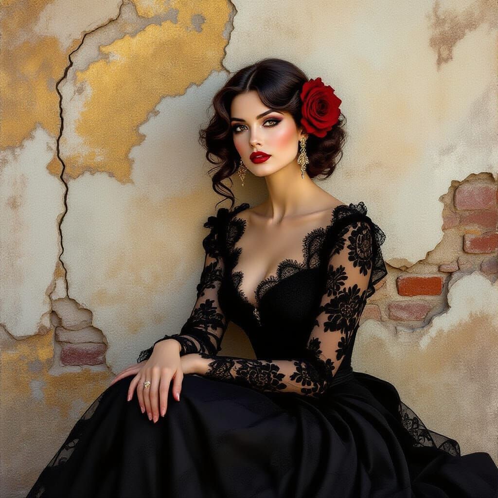 Elegant Woman in Lace Gown Against Weathered Wall