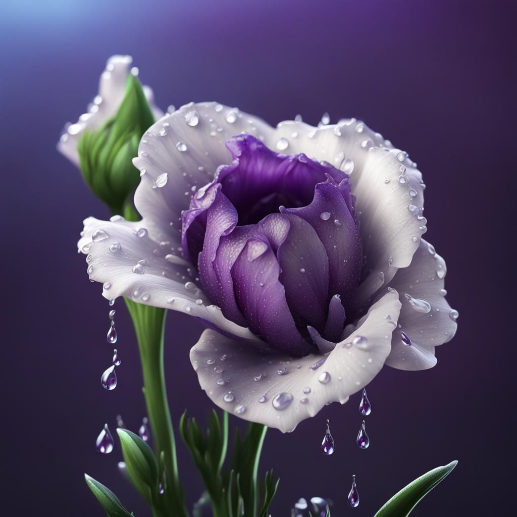 Macro Eustoma Flower with Dew Drops in 8K