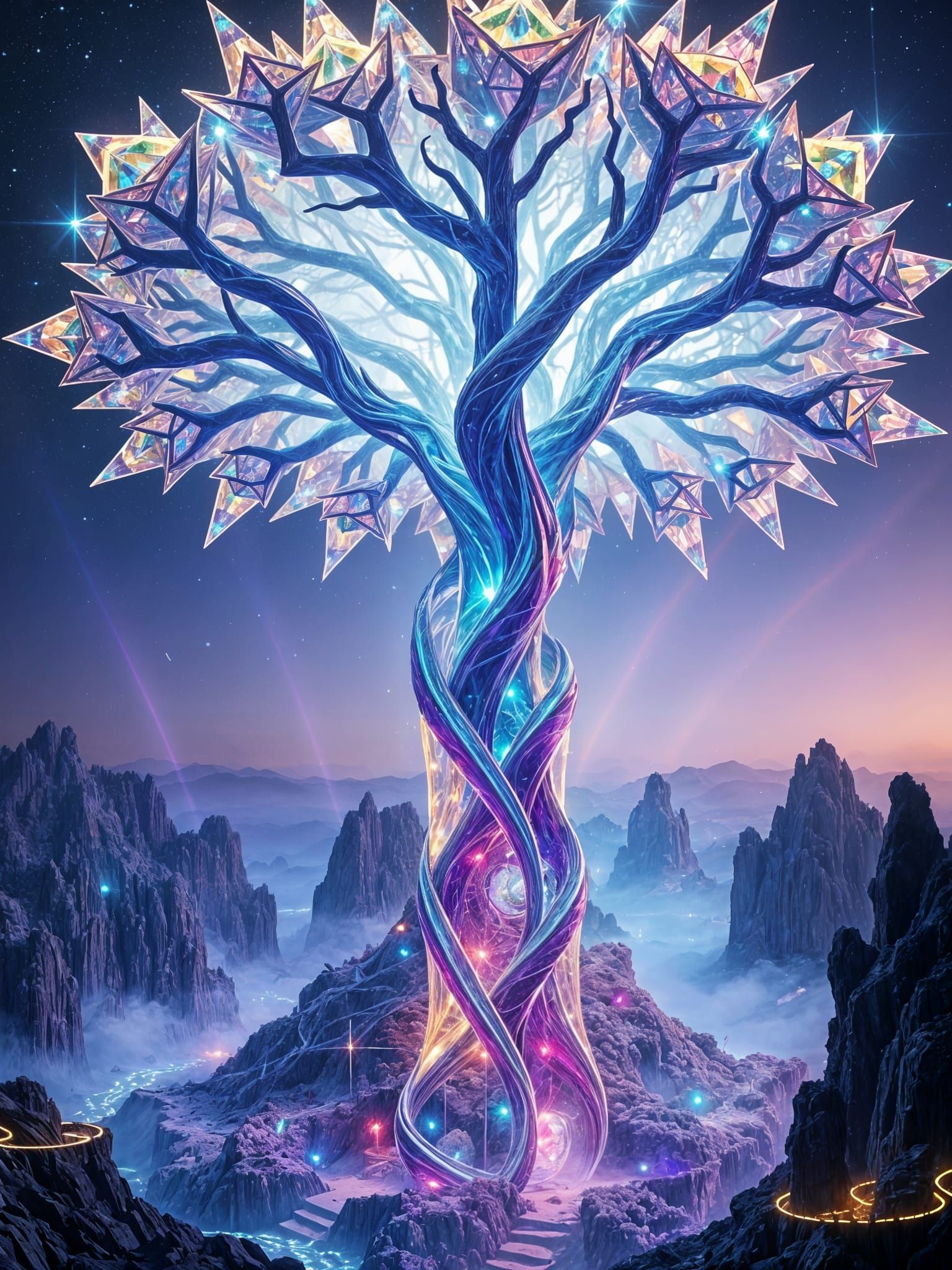 Iridescent Crystal Tree in a Radiant, Alien Landscape