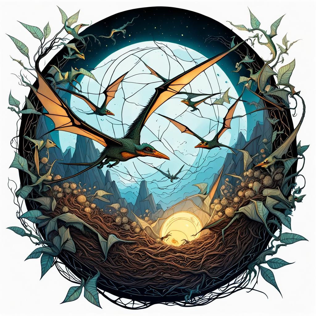 Pterodactyl Nest in Luminous Colors, Digital Painting