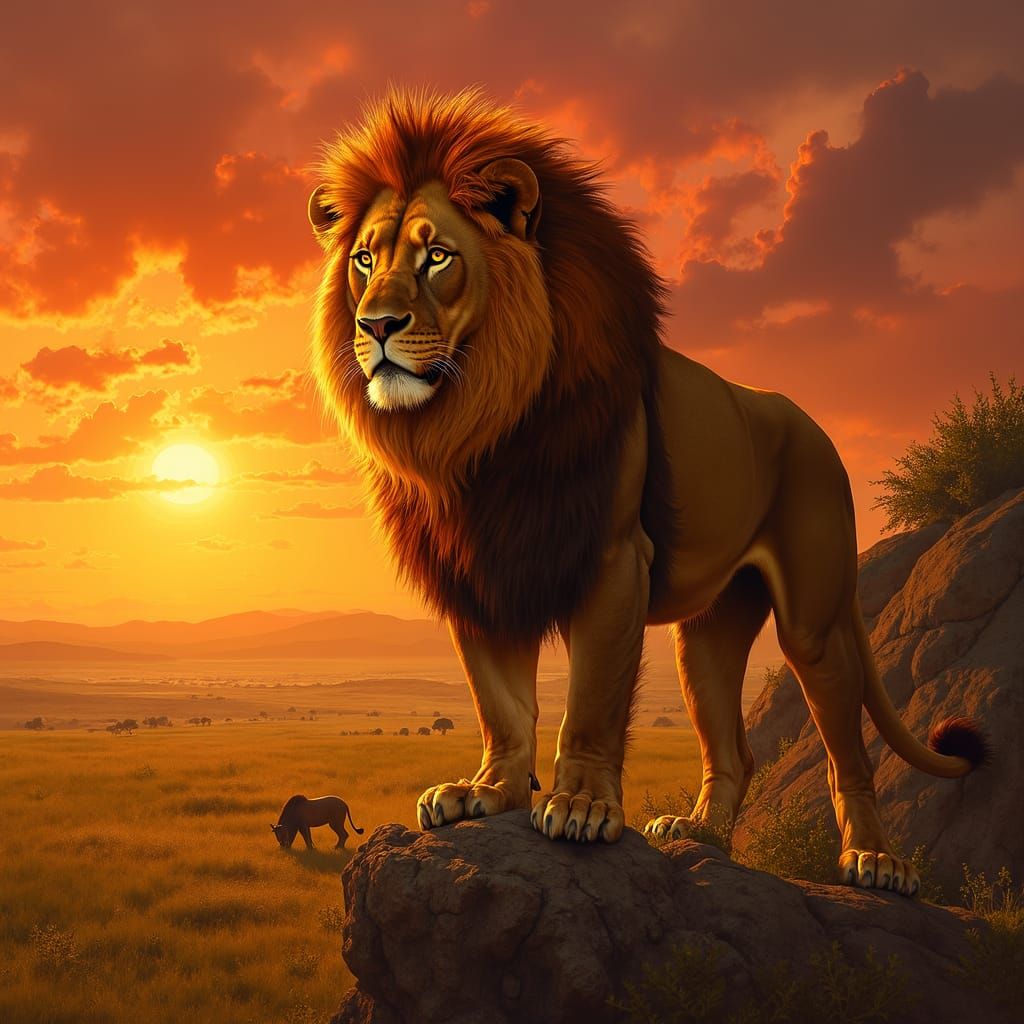 Lion with Fiery Mane Overlooking Savannah at Sunset
