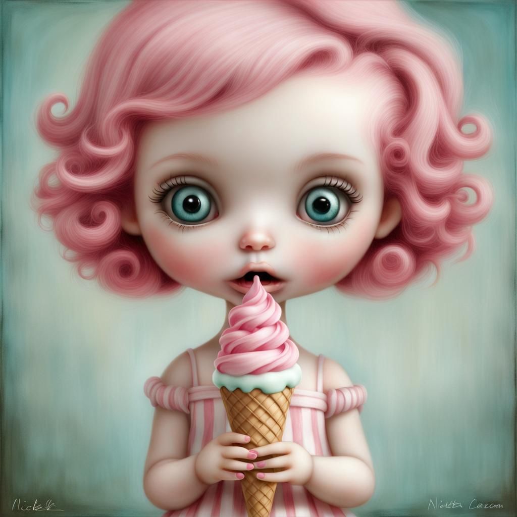 Pink Haired Doll Enjoys Ice Cream: Surreal Art