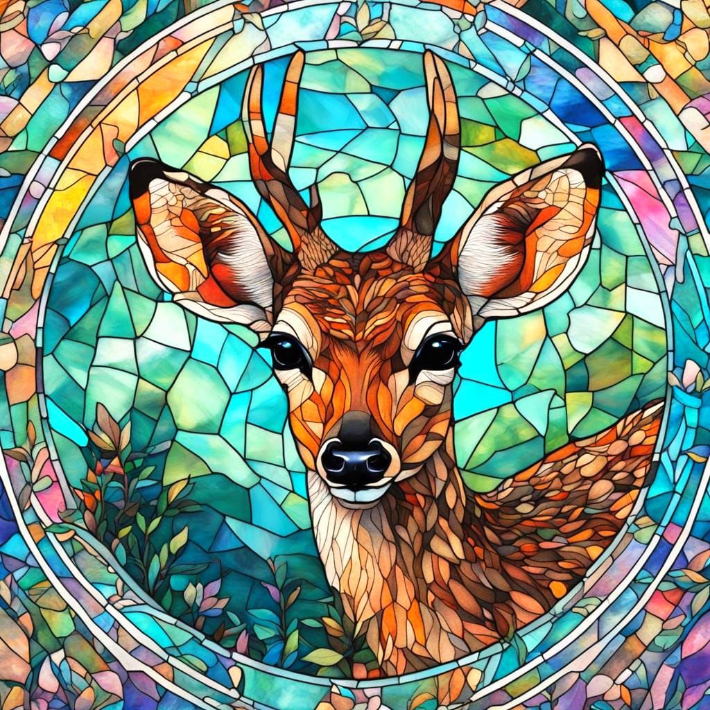 Vaporwave Fawn in Stained Glass Window