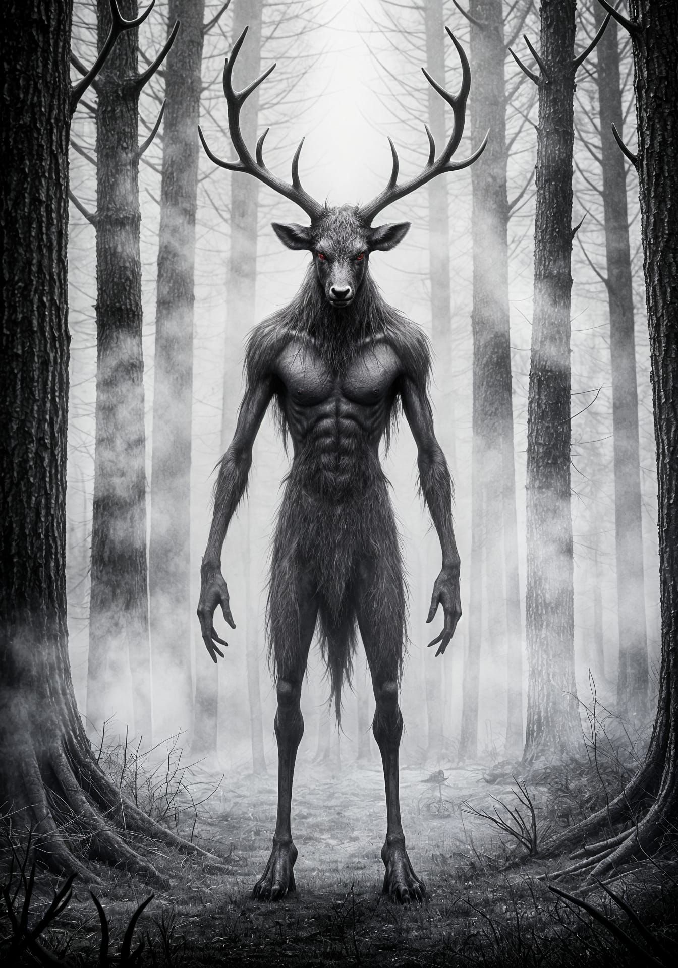 Beastly Figure in Fog with Glowing Eyes in Forest