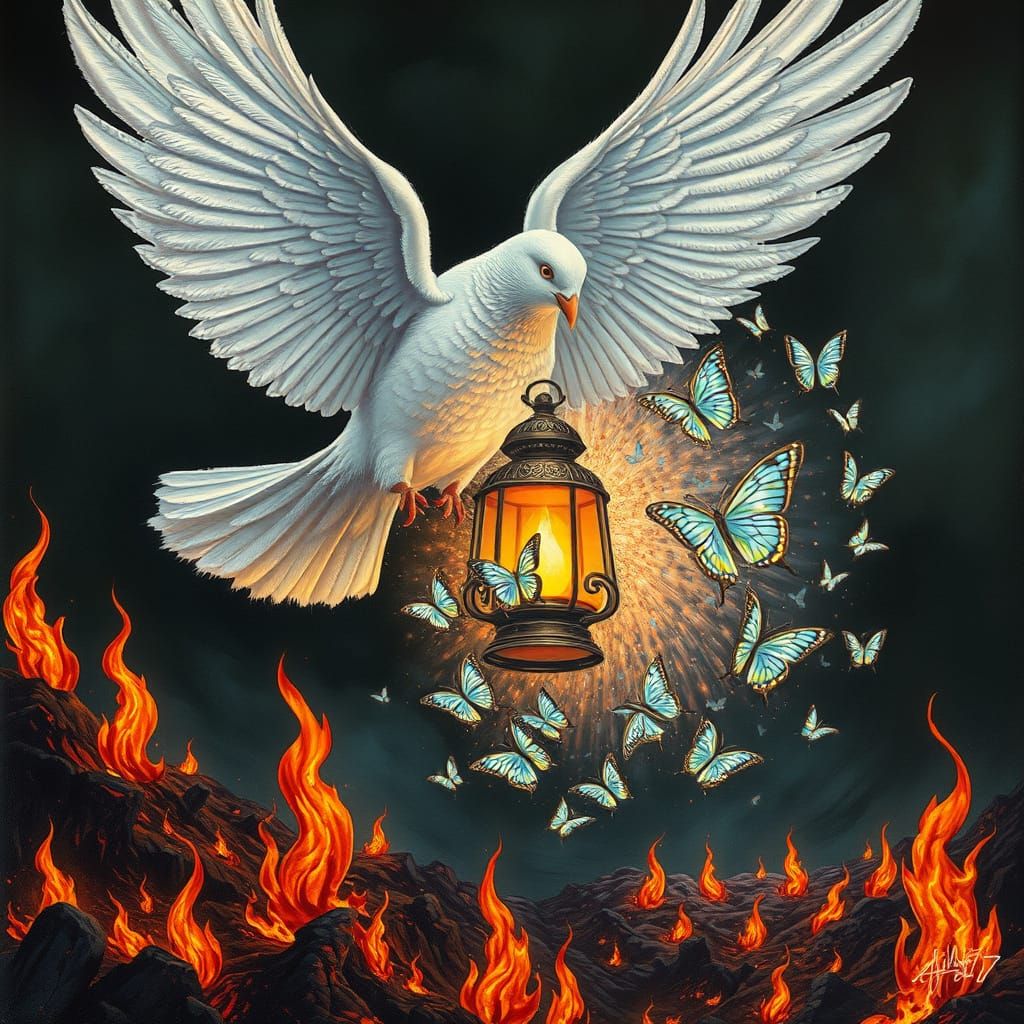 Majestic Dove in Hellish Landscape, Holding Lantern with Sil...