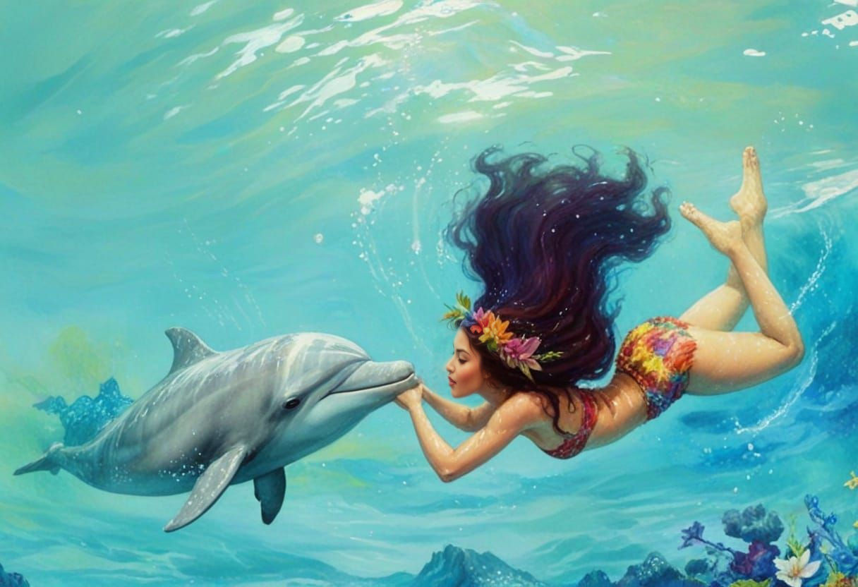 Hula Dancer Swims With Dolphin in Vibrant Maximalist Style