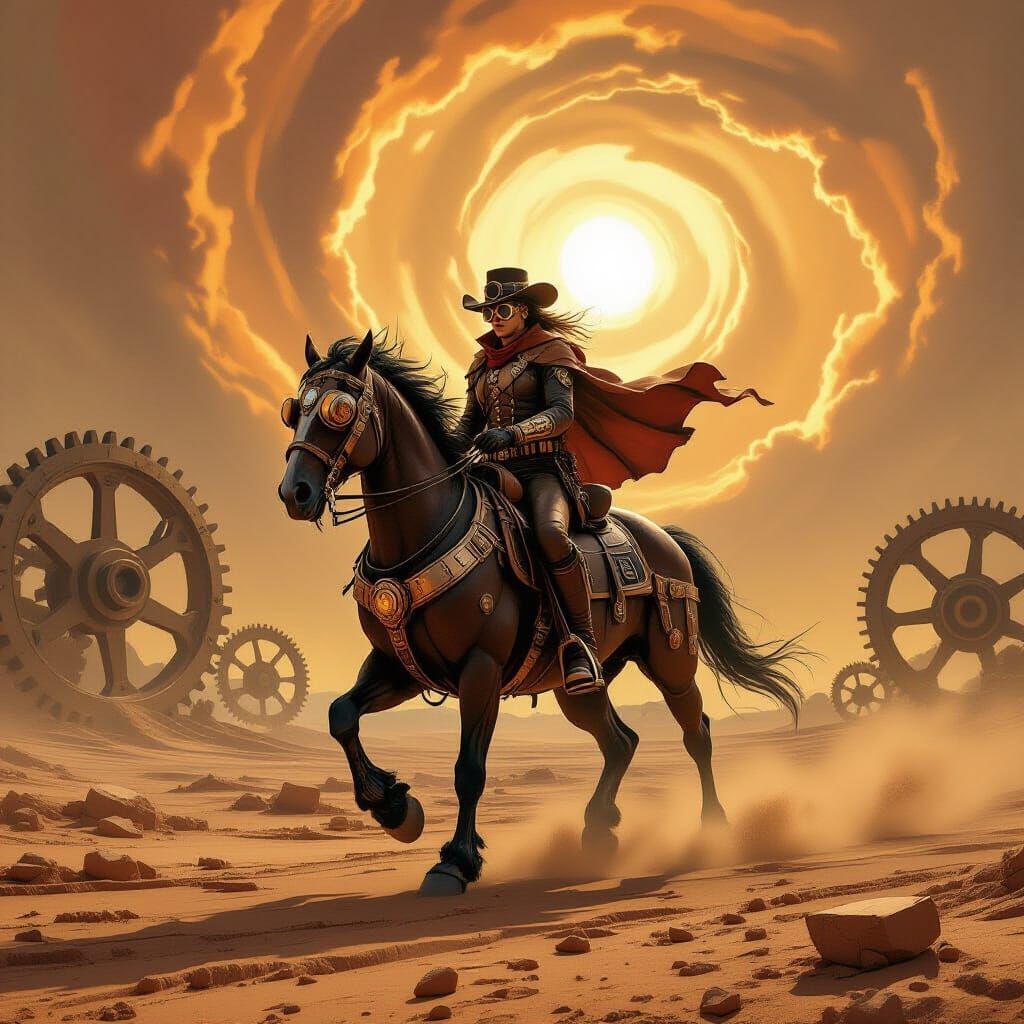 Steampunk Ranger on Clockwork Horse Surveys Wasteland