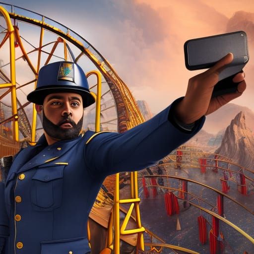 Apocalyptic Policeman's Rollercoaster Selfie: Detailed Matte...