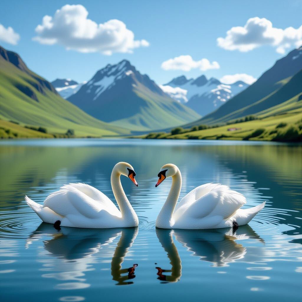 Photorealistic Swans on Tranquil Lake Landscape
