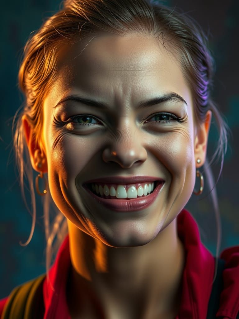 Intricately Detailed Woman with Strained Smile