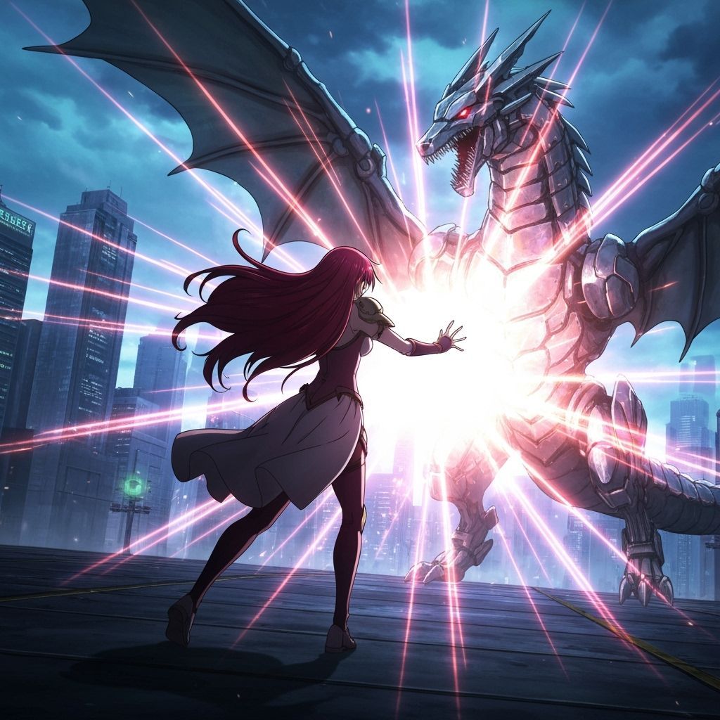 Sorceress Unleashes Magic on Robotic Dragon in Anime Style
