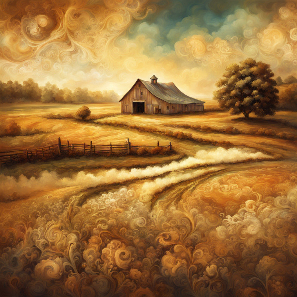 Whimsical Earth Toned Farm Landscape with Fractal Clouds