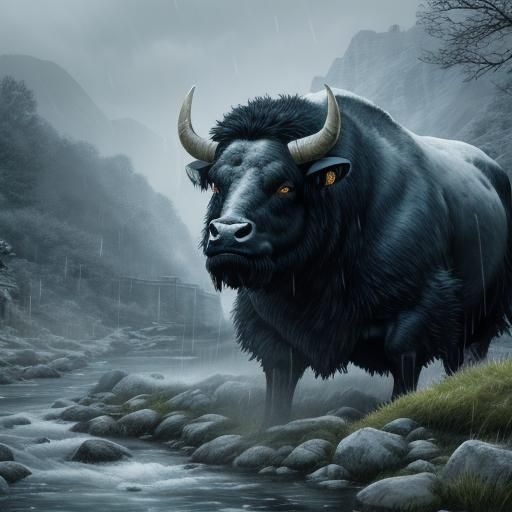 Anime Style Black Bull by River at Dusk