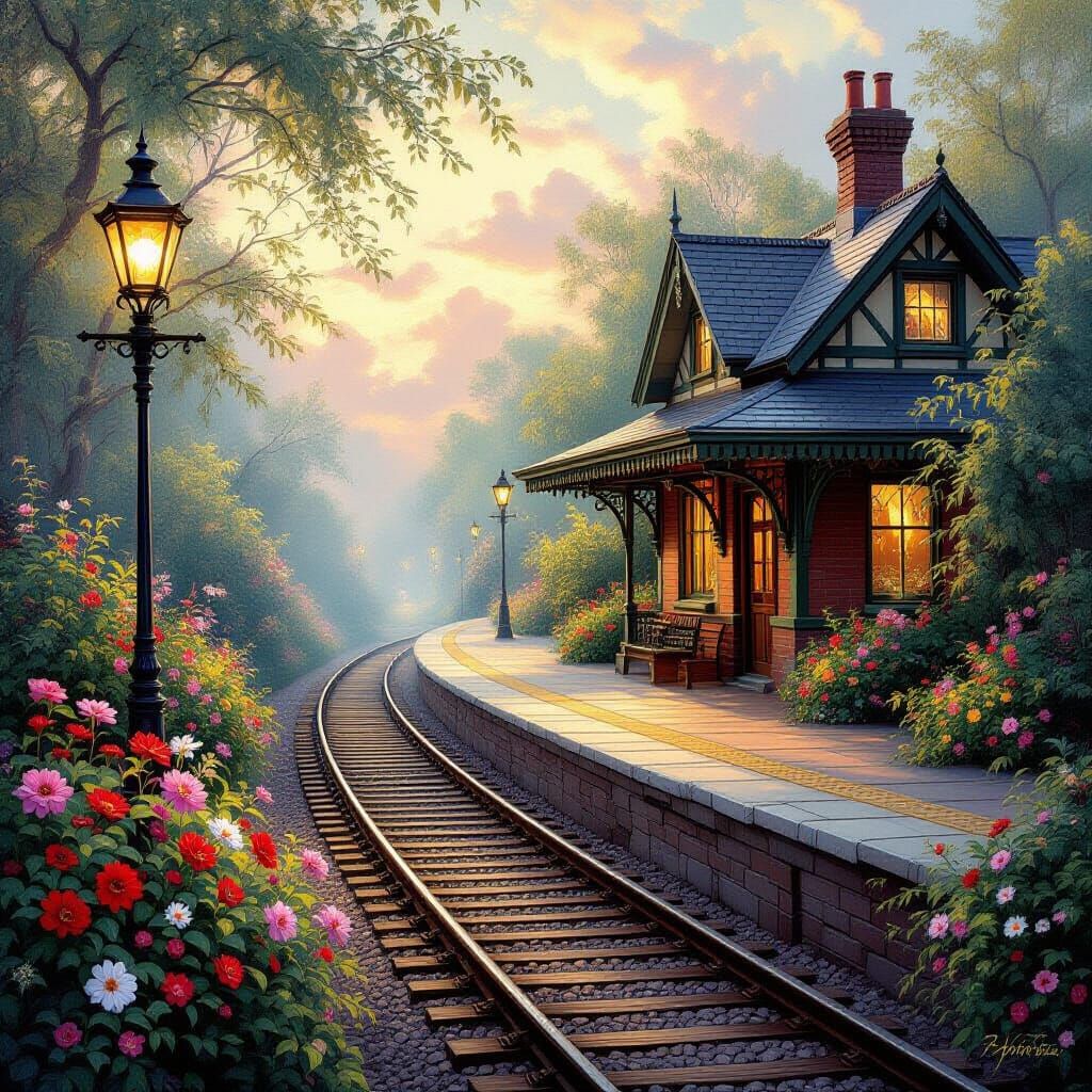 Misty Railway Station with Vibrant Flowers in Ethereal Light...