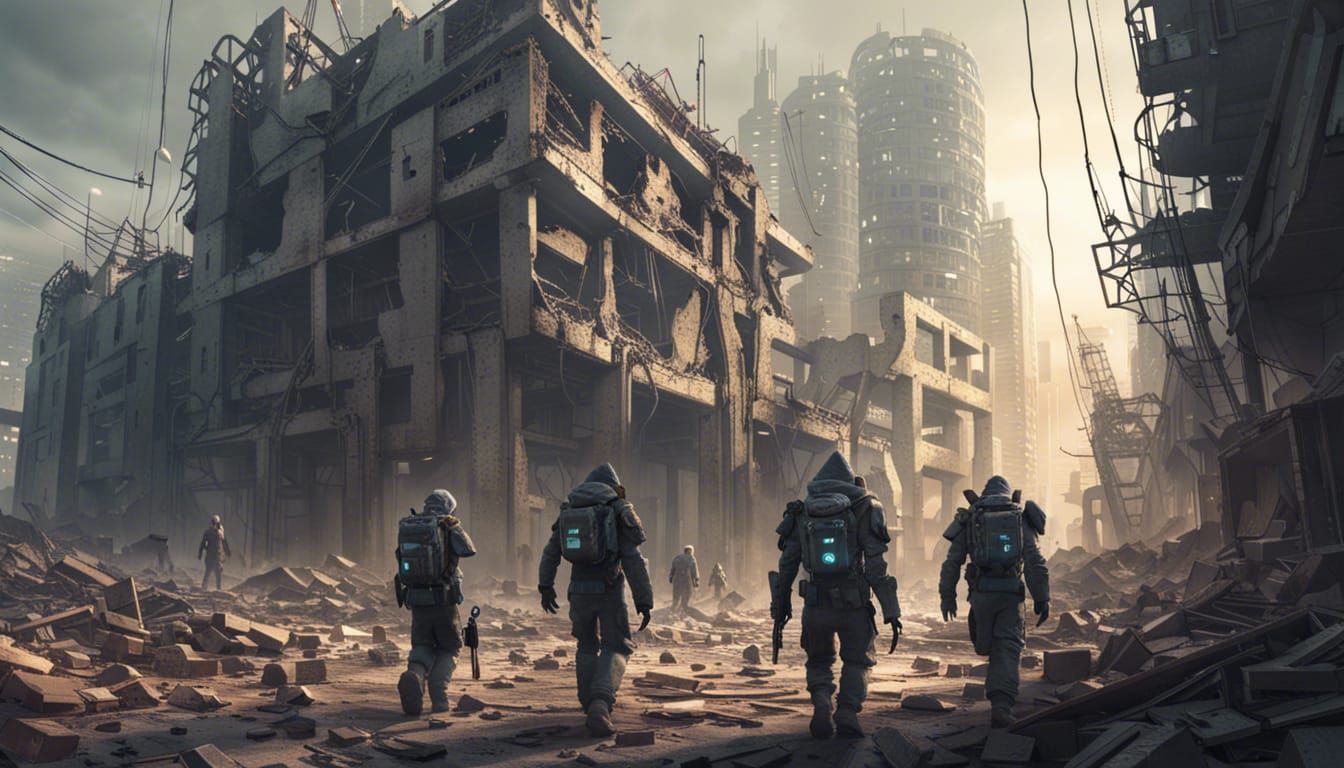 Cybernetic Beings Wander Post-Apocalyptic Dystopian Cityscap...