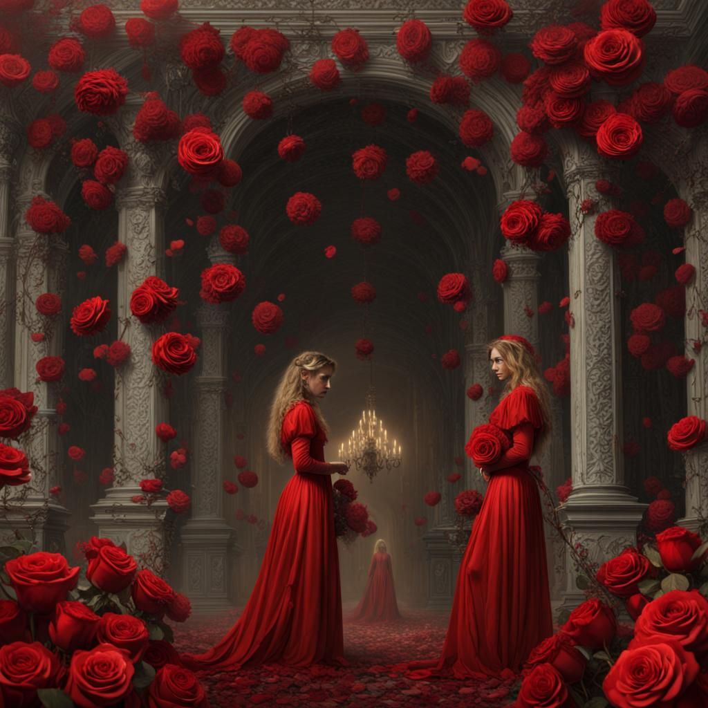Women in Red Roses: Dramatic Horror Digital Painting