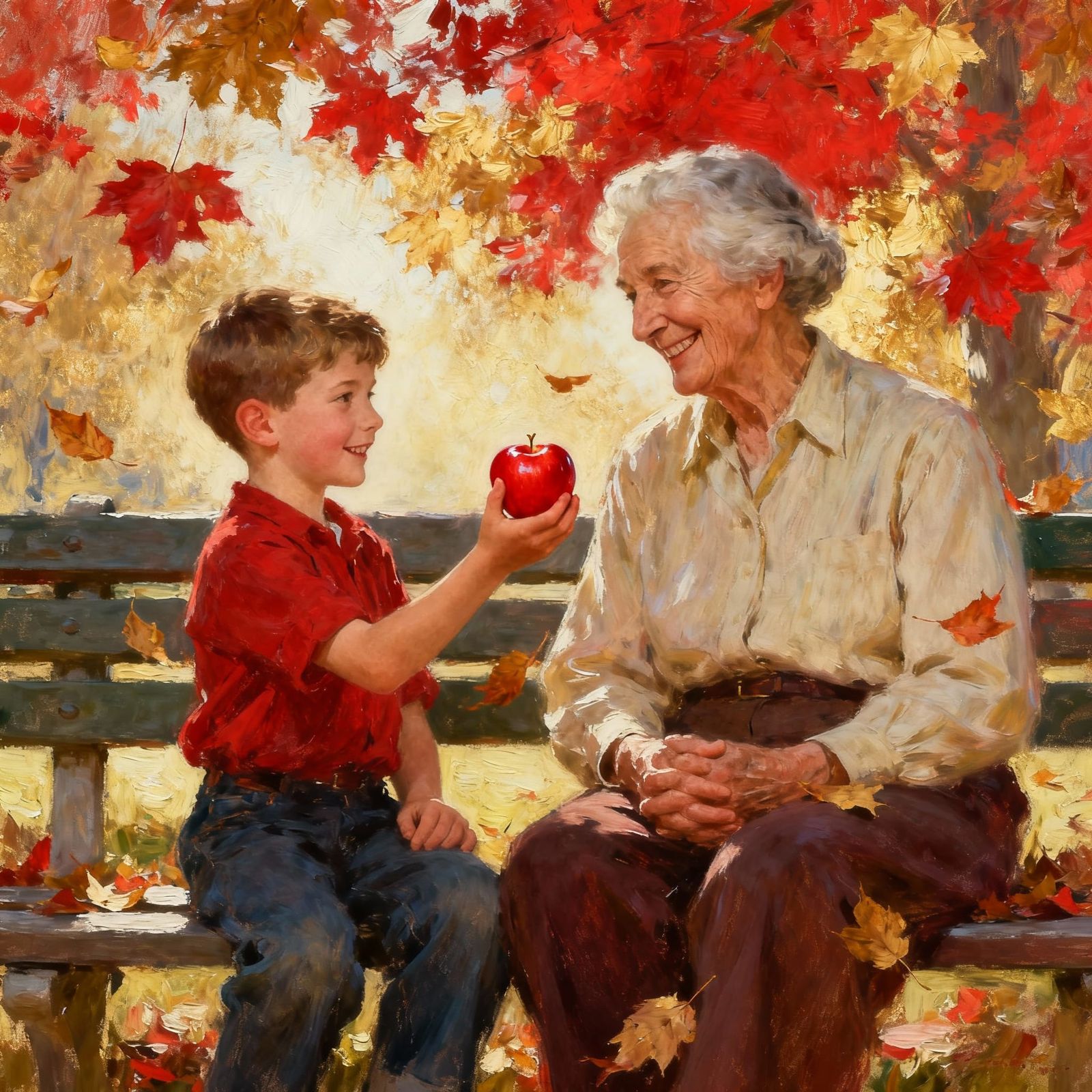 Child Offers Apple to Elder in Autumn Park