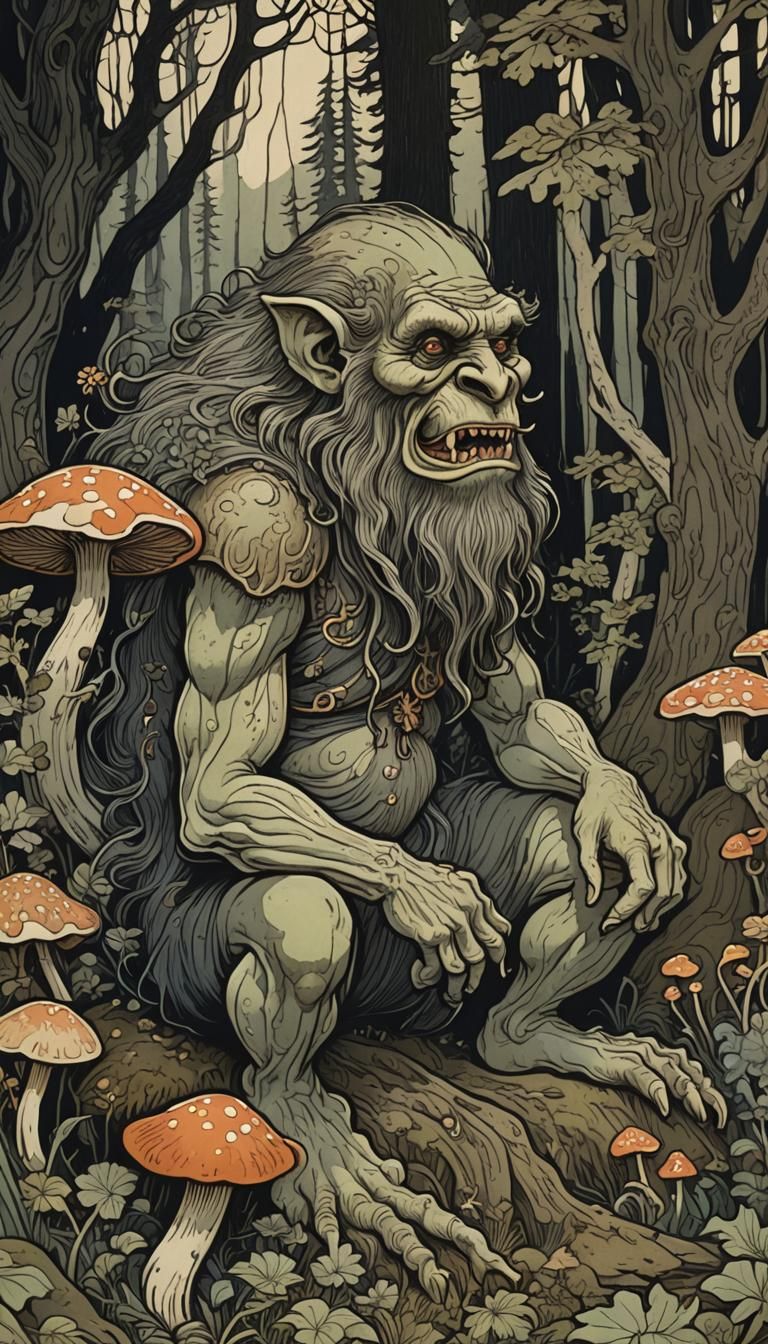 Art Nouveau Troll in Dark Forest, Bilibin Style