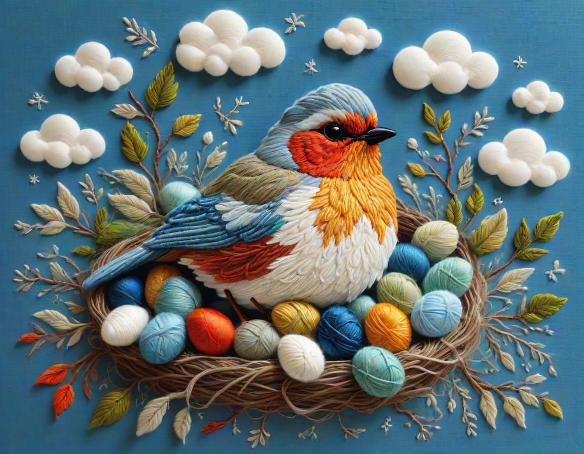 Embroidered Robin on Nest Needlepoint Tapestry