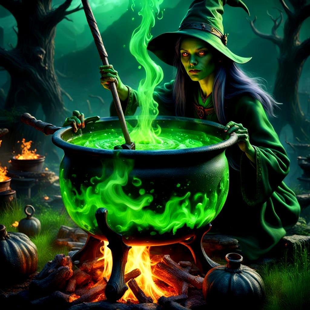 Witch stirring Witch's cauldron over a fire
