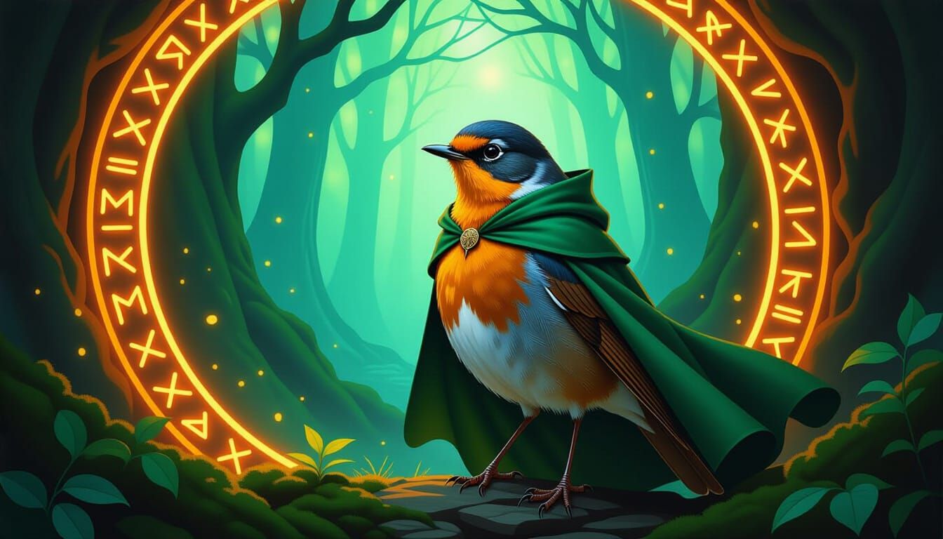 Runebright:  a heroic proud robin protecting a magical forest