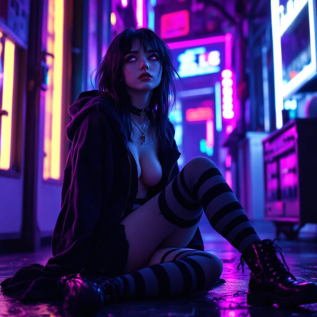 Gothic Woman in Futuristic Neon Room