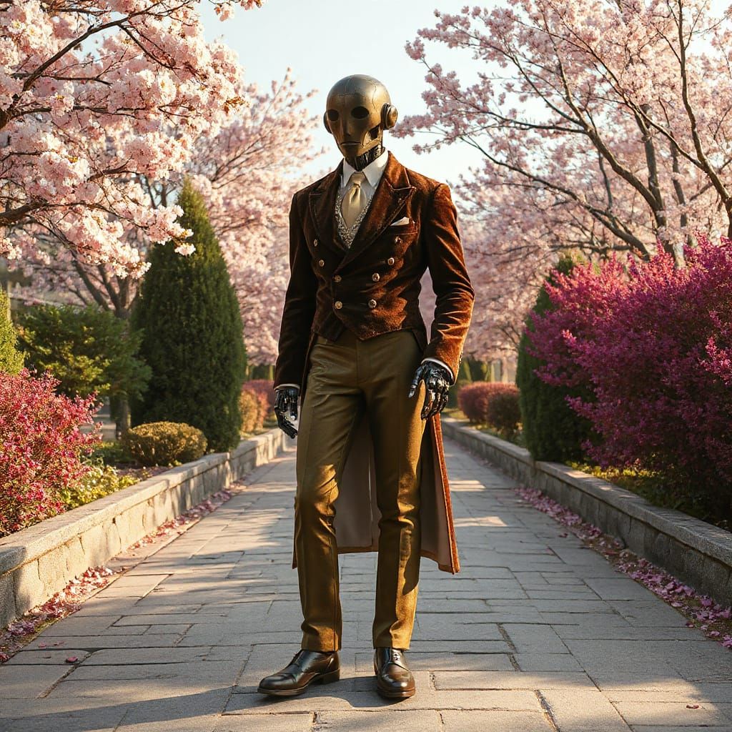 Golden Android Portrait in Eco-Utopian Cityscape