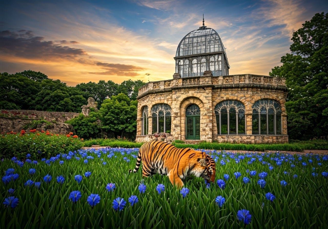 Ornate Stone Greenhouse with Sunset Light, Hyperrealistic