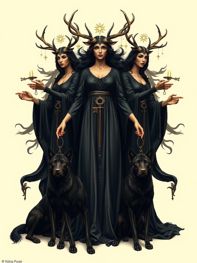 Three-Headed Goddess with Wolfhounds, Gothic Art