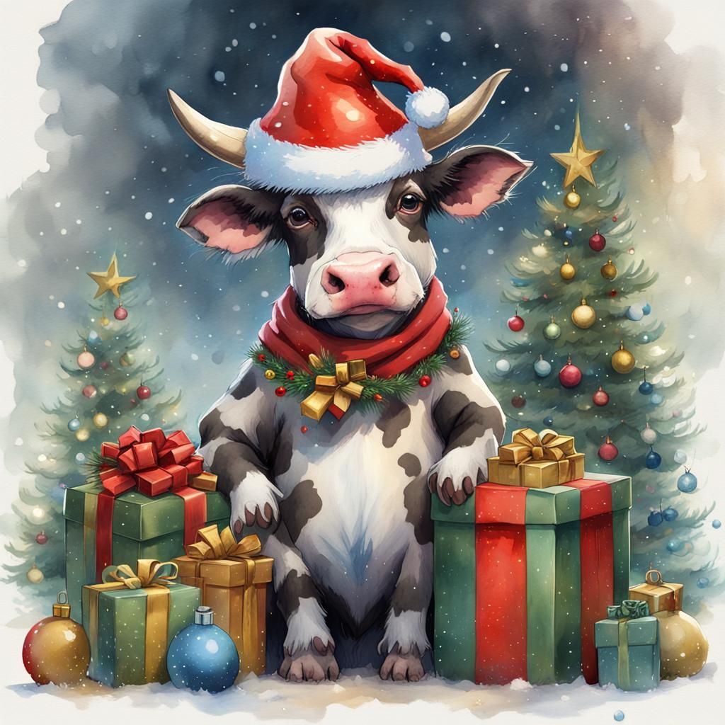 Festive Watercolor Cow Celebrates Christmas