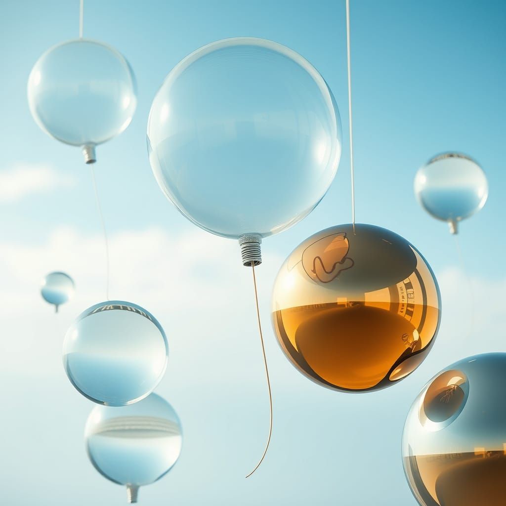Delicate Glass Balloons and Metallic Orbs in Air