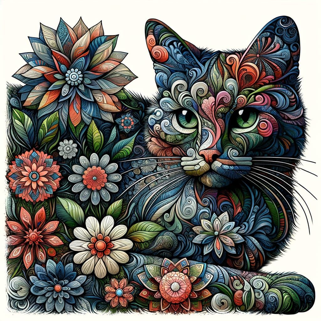 Floralcore Cat in Impasto Style with Zentangle Patterns