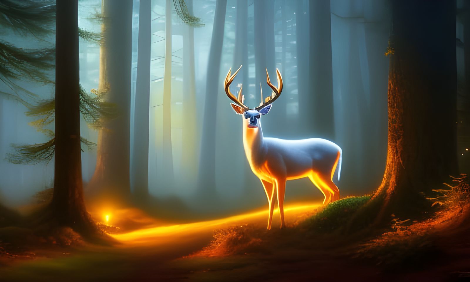 White Deer in Moonlit Forest: Oil Gouache Painting