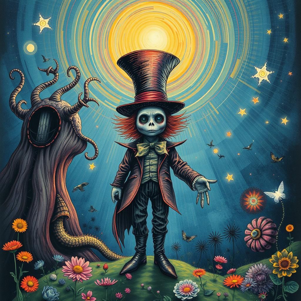 Surreal Mad Hatter in Wonderland, Alcohol Ink Art