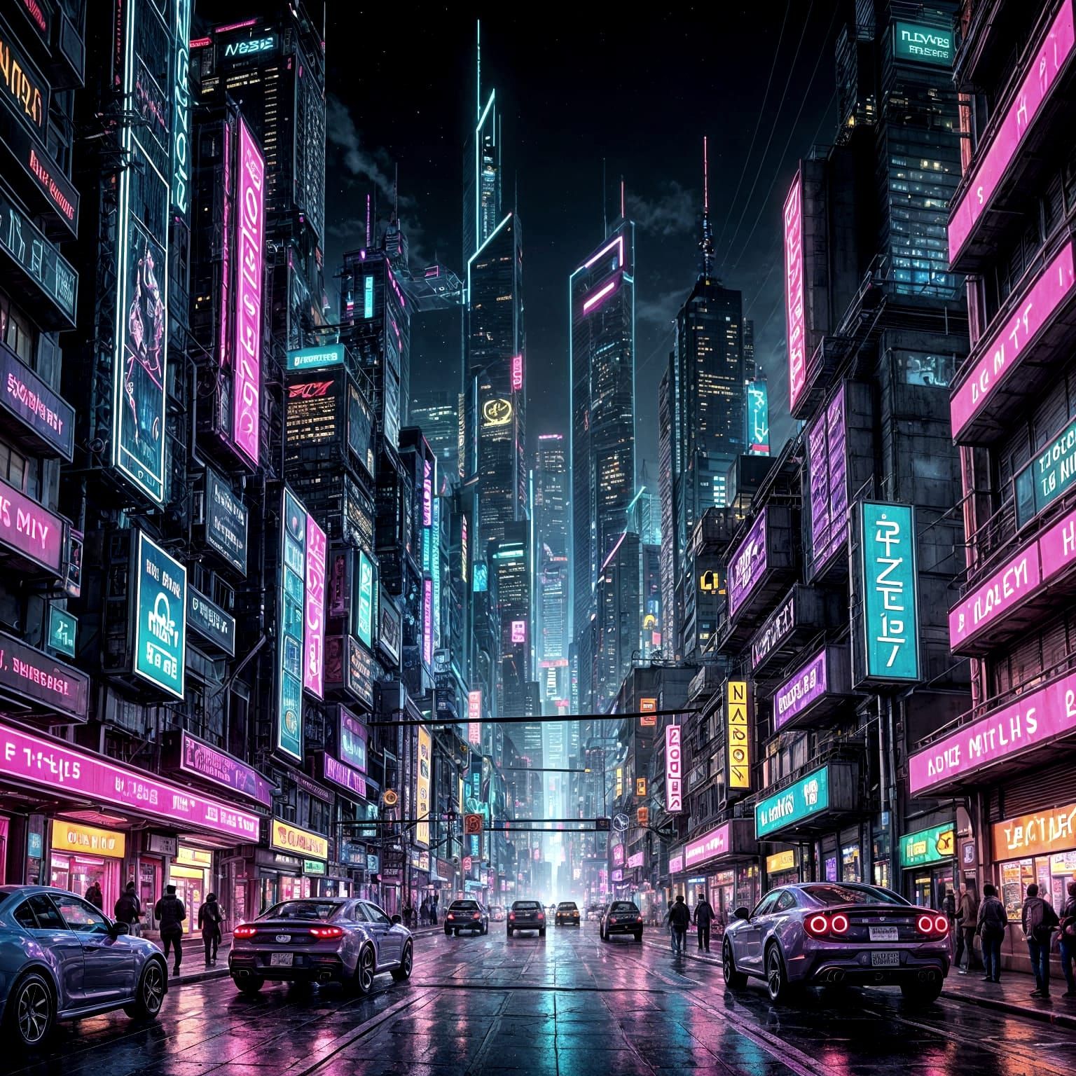 Cyberpunk Cityscape at Night, with Neon Lights and Flying Ca...