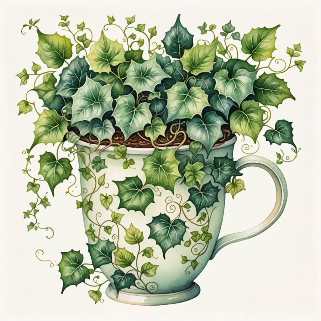 Whimsical Ivy Growing Inside a Coffee Cup in Watercolor Styl...