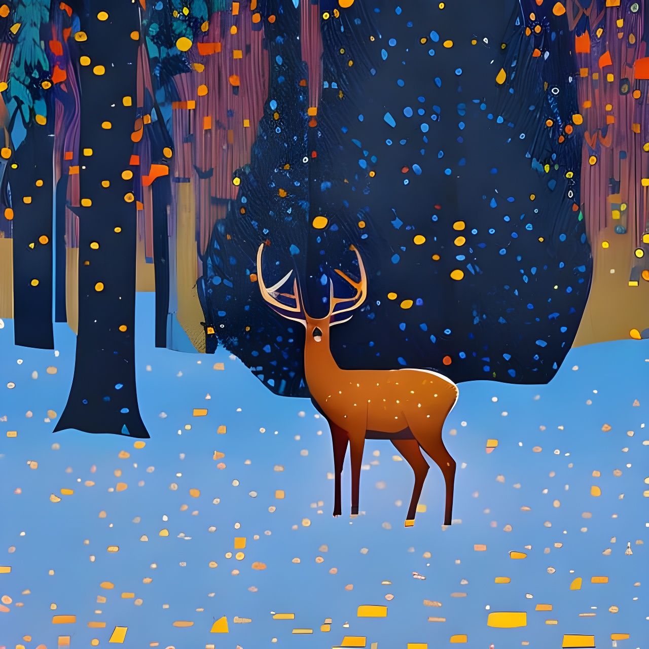 Deer in First Snowfall: Colorful 3D Oil Painting