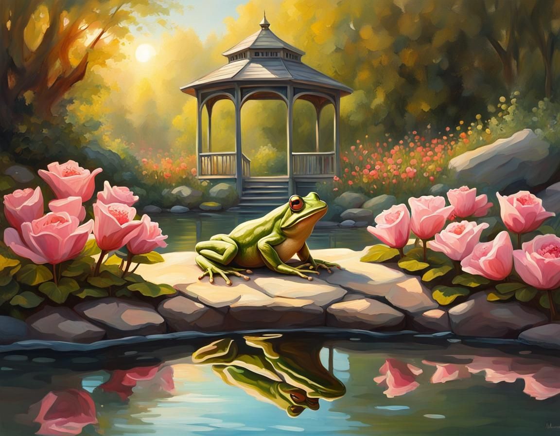 Frog in Sea Rose Garden: Oil Painting