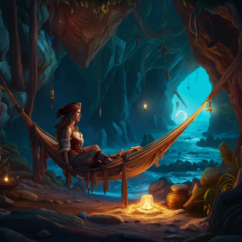 Pirate Relaxing in Seaside Cave, Digital Art
