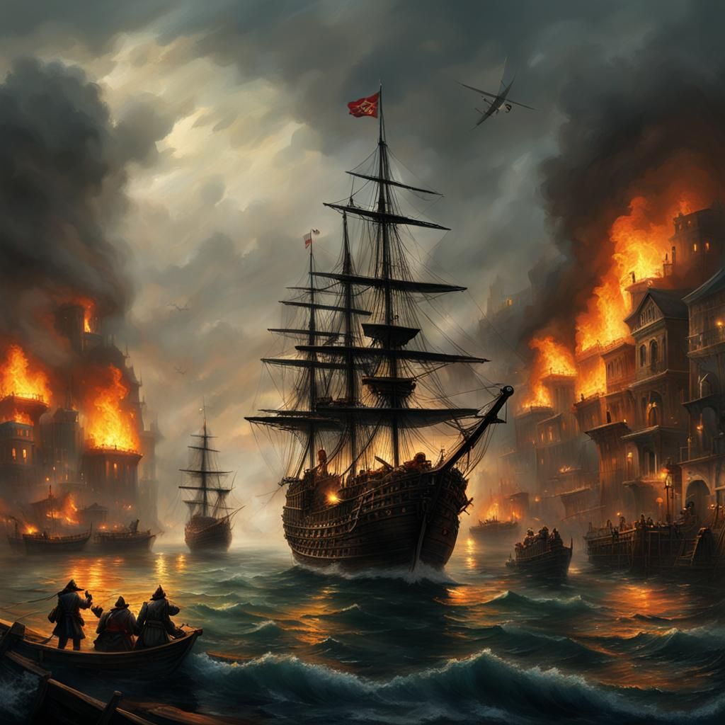 Pirates Raid Foggy Coast in Rembrandt Style