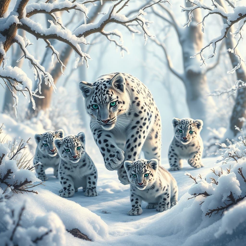 Snow Leopard Family Frolics in Winter Wonderland