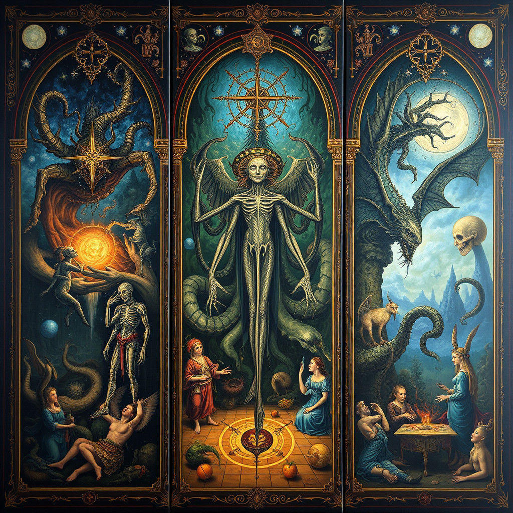 Mystical Triptych Artwork in Surreal Style