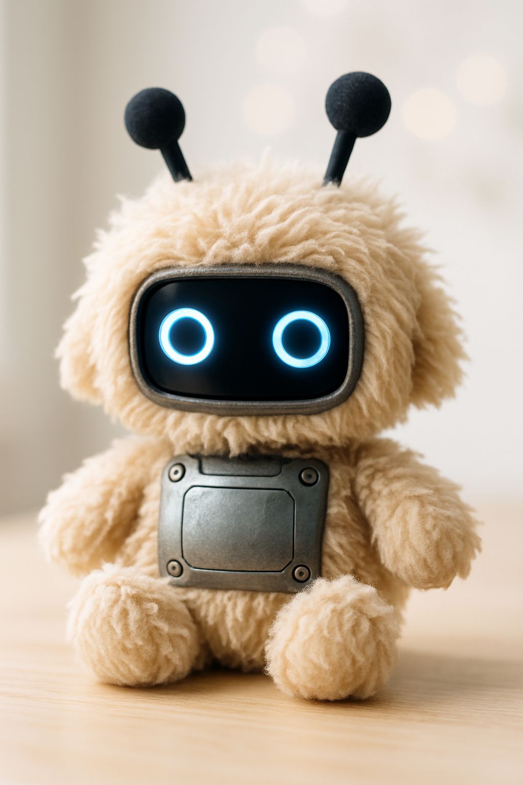 Cute Plushie Robot with Fluffy Fur and Antenna