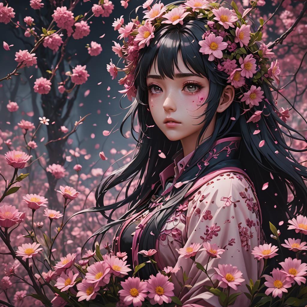 Sad Anime Girl in a Sea of Flowers