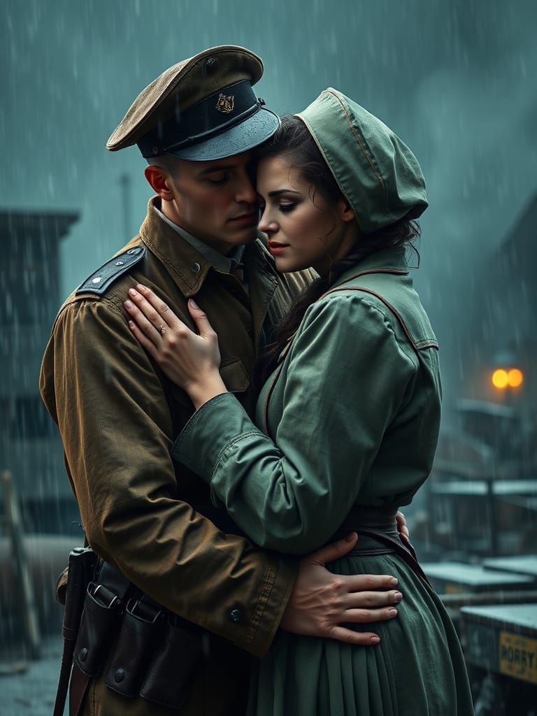 WWI Soldier and Nurse Embrace in Torrential Rain